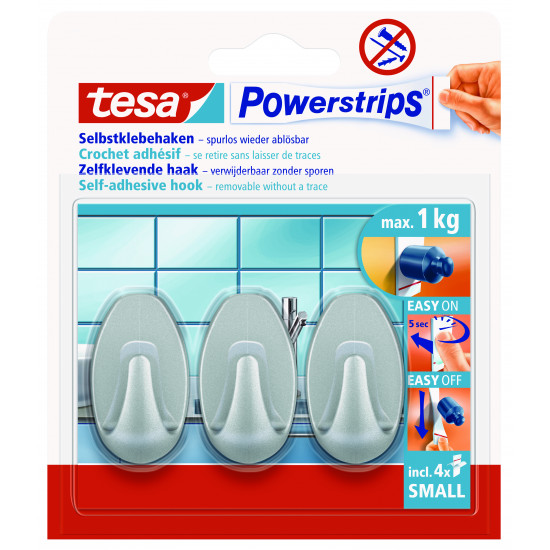 TESA Powerstrips Hooks Small Oval 3 Hooks/ 4 Strips Chrome Matt (ip 6) TESA Powerstrips Hooks Small Oval 3 Hooks/ 4 Strips Chrome Matt (ip 6)