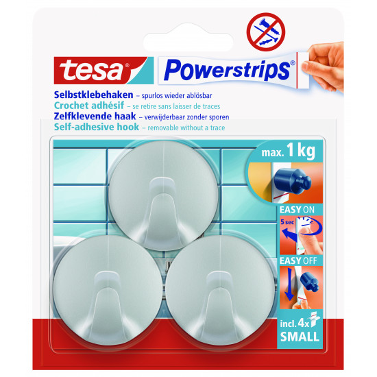 TESA Powerstrips Hooks Small Round 3 Hooks/ 4 Strips Chrome Matt (ip 6) TESA Powerstrips Hooks Small Round 3 Hooks/ 4 Strips Chrome Matt (ip 6)