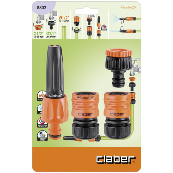 Set 5pce Adjustable Spray Nozzle With Tap Connector, 1/2 Inch Click Connectors Set 5pce Adjustable Spray Nozzle With Tap Connector, 1/2 Inch Click Connectors