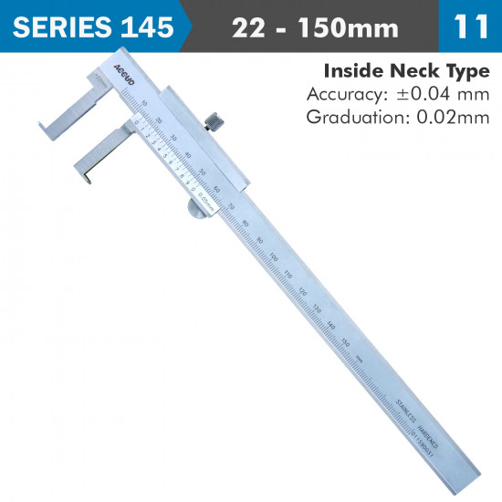 Vernier Caliper 22-150mm 0.04mm Acc. 0.02mm Grad. Inside Neck S/steel Vernier Caliper 22-150mm 0.04mm Acc. 0.02mm Grad. Inside Neck S/steel