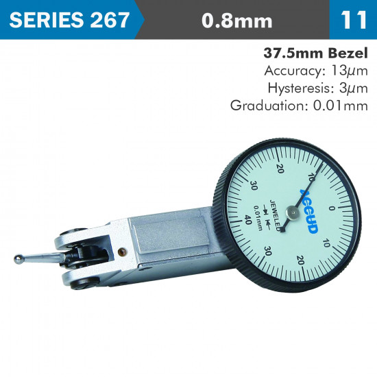 Dial Test Indicator 0.8mm 37.5mm Bezeld 0.013mm Acc. 0.01mm Grad Dial Test Indicator 0.8mm 37.5mm Bezeld 0.013mm Acc. 0.01mm Grad