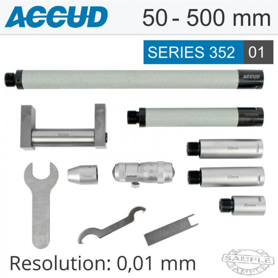Tubular Inside Micrometer 50-500mm 0.01mm Grad. Extension Rods: 13, 25 Tubular Inside Micrometer 50-500mm 0.01mm Grad. Extension Rods: 13, 25