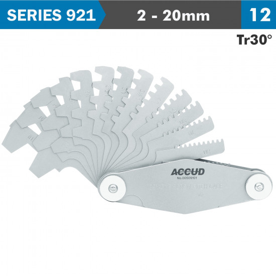 Pitch Gauge 2-20mm Tr30 Deg. Thread 12 Leaves 0.07mm Acc. Pitch Gauge 2-20mm Tr30 Deg. Thread 12 Leaves 0.07mm Acc.