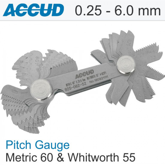 Pitch Gauge Metric 0.25-6mm & 4-62tpi 52 Leaves 60deg. And Whitworth 5