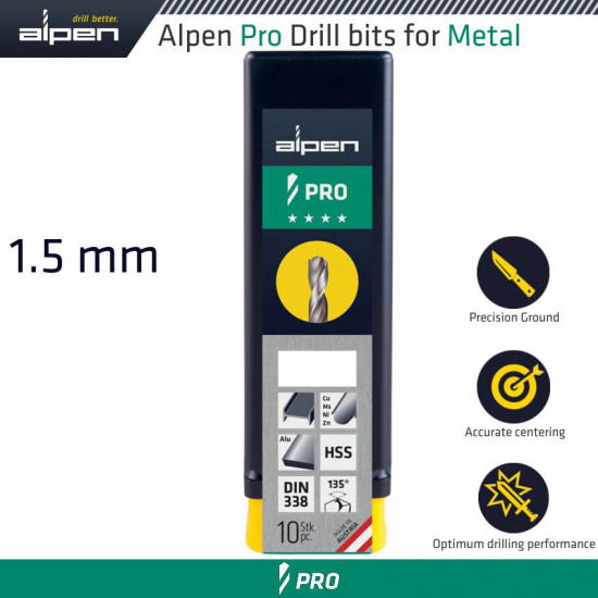 ALPEN Pro 1.5mm Hss Drill Din 338 Rn 135 With Split Point Bulk ALPEN Pro 1.5mm Hss Drill Din 338 Rn 135 With Split Point Bulk