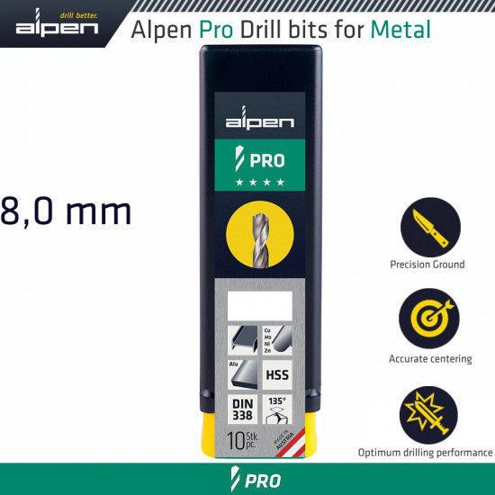 ALPEN Pro Hss Drill Din 338 Rn 135 With Split Point 8.0mm Bulk ALPEN Pro Hss Drill Din 338 Rn 135 With Split Point 8.0mm Bulk