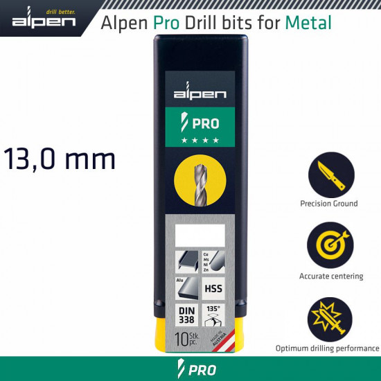 ALPEN Pro Hss Drill Din 338 Rn 135 With Split Point 13.0mm Bulk ALPEN Pro Hss Drill Din 338 Rn 135 With Split Point 13.0mm Bulk