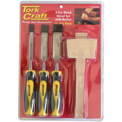Chisel Set Wood 3 Piece Plus Wooden Mallet Blister
