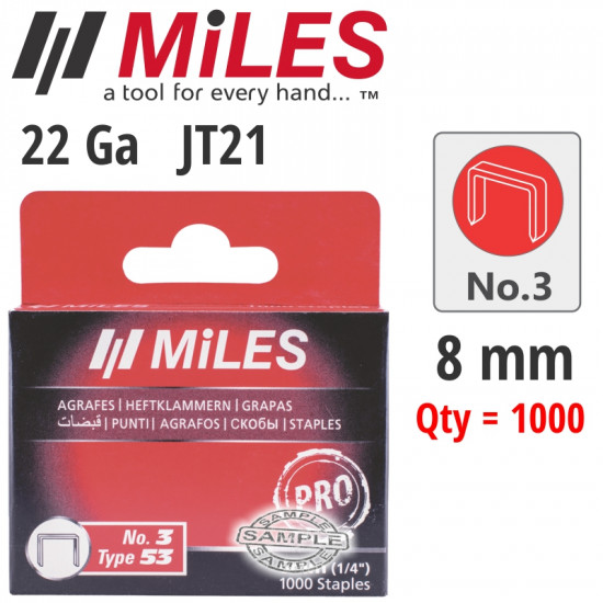 Galv Staples 22g Jt21 8mm X 1000pcs MILES No3 Galv Staples 22g Jt21 8mm X 1000pcs MILES No3