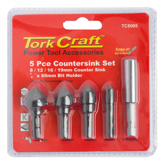 Countersink Set 5pce Set Carbon (8,12,16,19mm C/w Hex Shank Adaptor) Countersink Set 5pce Set Carbon (8,12,16,19mm C/w Hex Shank Adaptor)