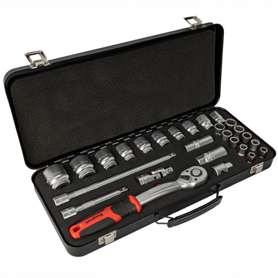 Socket & Ratchet Set 27pc 1/2' Dr Crv 12 Point Metal Case Socket & Ratchet Set 27pc 1/2' Dr Crv 12 Point Metal Case