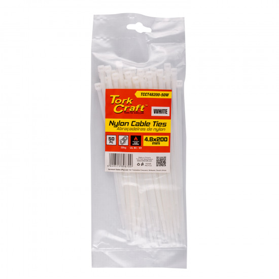 Nylon Cable Ties 4.8mm X 200mm White 50pc Nylon Cable Ties 4.8mm X 200mm White 50pc