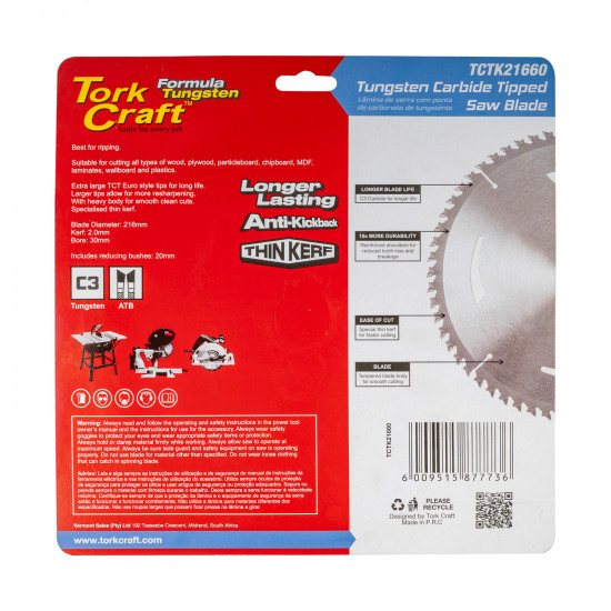 Tct Saw Blade 216mm X 2.0mm X 30mm X 60t Wood Thin Kerf